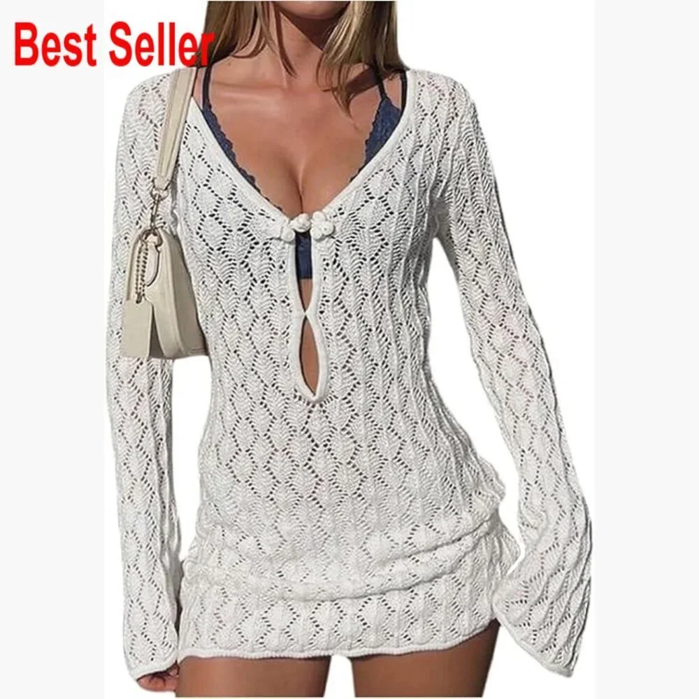 Crochet Mini Dress Swimsuit Coverup Long Sleeve Beach Cover Up